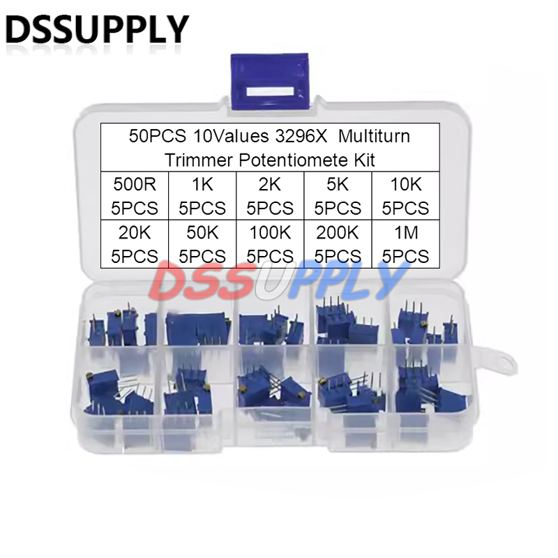 Diy Electronics Com - 50ชิ้นชุดตัวต้านทานแบบปรับละเอียดแบบหมุนหลายจุด3296 3296X ตัวต้านทาน500R 1MΩ ตัวแปรที่มีความแม่นยำสูงพร้อมกล่องอิเล็กทรอนิกส์แบบ DIY