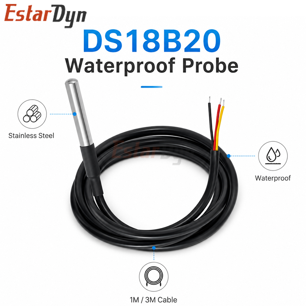 Ds18B20 Temperature Sensor - เอสตาร์ดิน DS18B20 เซ็นเซอร์วัดอุณหภูมิแบบดิจิตอลกันน้ำ 1M 3M สายเคเบิลโพรบสแตนเลส